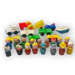 Vintage Fisher Price Little People Tractor Boat Cars Automobiles 27 Pieces